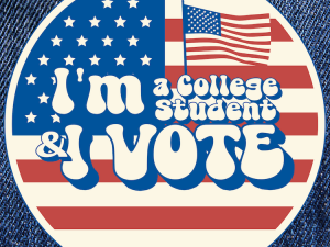 voting sticker that says "I'm a college student and I vote"